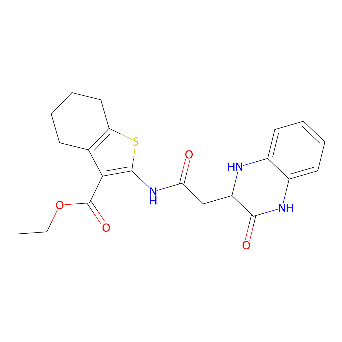 Ethyl 2-(2-(3-oxo-1,2,3,4-tetrahydroquinoxalin-2-yl)acetamido)-4,5,6,7-tetrahydrobenzo[b]thiophene-3-carboxylate molecular structure, CAS 380872-69-5