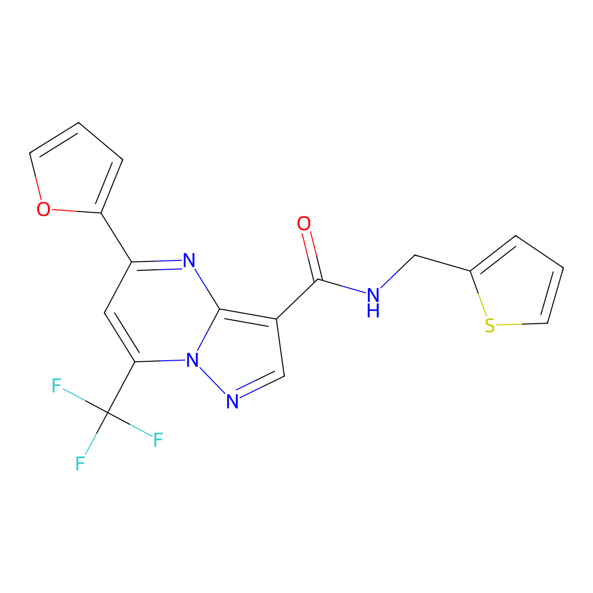 5-(furan-2-yl)-N-(thiophen-2-ylmethyl)-7-(trifluoromethyl)pyrazolo[1,5-a]pyrimidine-3-carboxamide molecular structure, CAS 380872-88-8