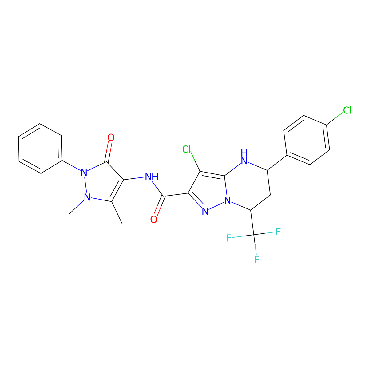 3-chloro-5-(4-chlorophenyl)-N-(1,5-dimethyl-3-oxo-2-phenyl-2,3-dihydro-1H-pyrazol-4-yl)-7-(trifluoromethyl)-4,5,6,7-tetrahydropyrazolo[1,5-a]pyrimidine-2-carboxamide molecular structure, CAS 380873-69-8