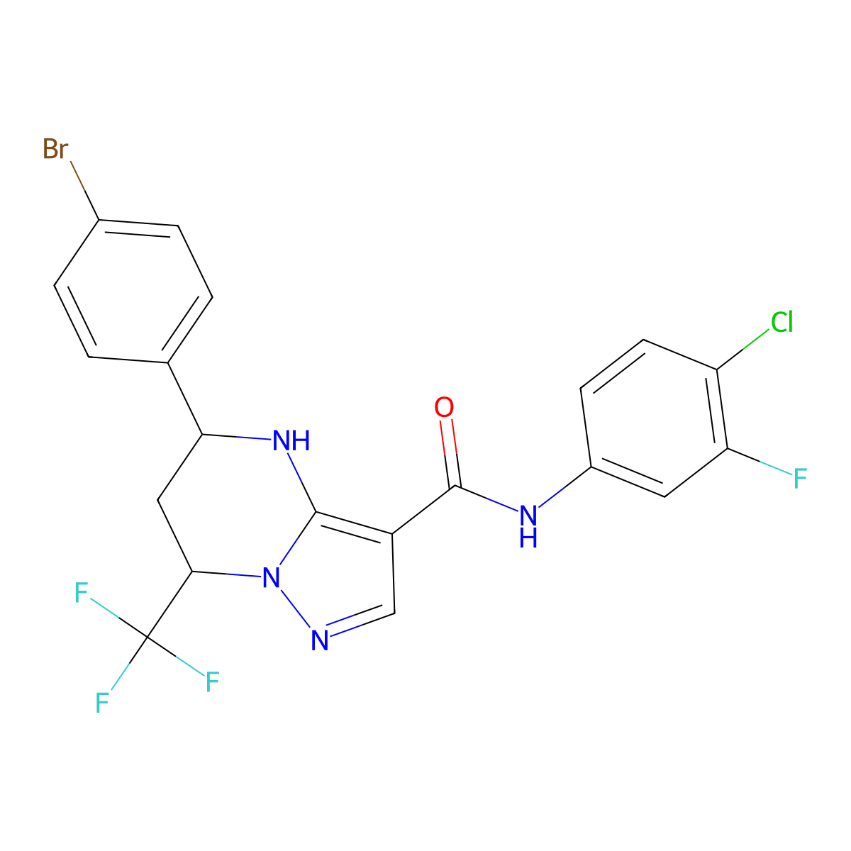 5-(4-bromophenyl)-N-(4-chloro-3-fluorophenyl)-7-(trifluoromethyl)-4,5,6,7-tetrahydropyrazolo[1,5-a]pyrimidine-3-carboxamide molecular structure, CAS 380873-81-4