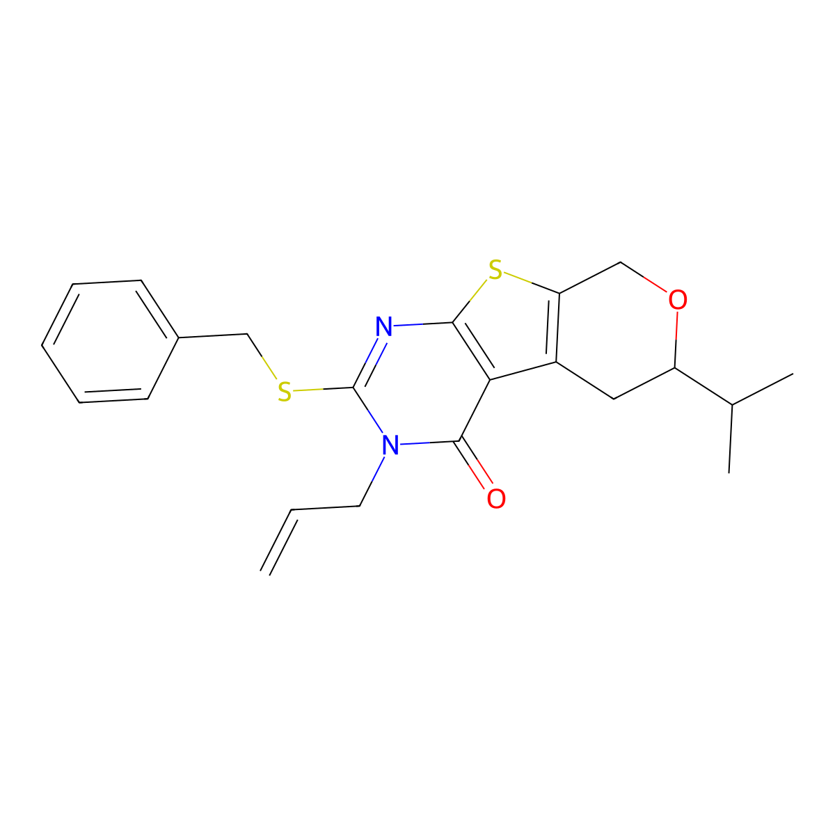 2-(benzylsulfanyl)-6-(propan-2-yl)-3-(prop-2-en-1-yl)-3,5,6,8-tetrahydro-4H-pyrano[4',3':4,5]thieno[2,3-d]pyrimidin-4-one molecular structure, CAS 380873-91-6
