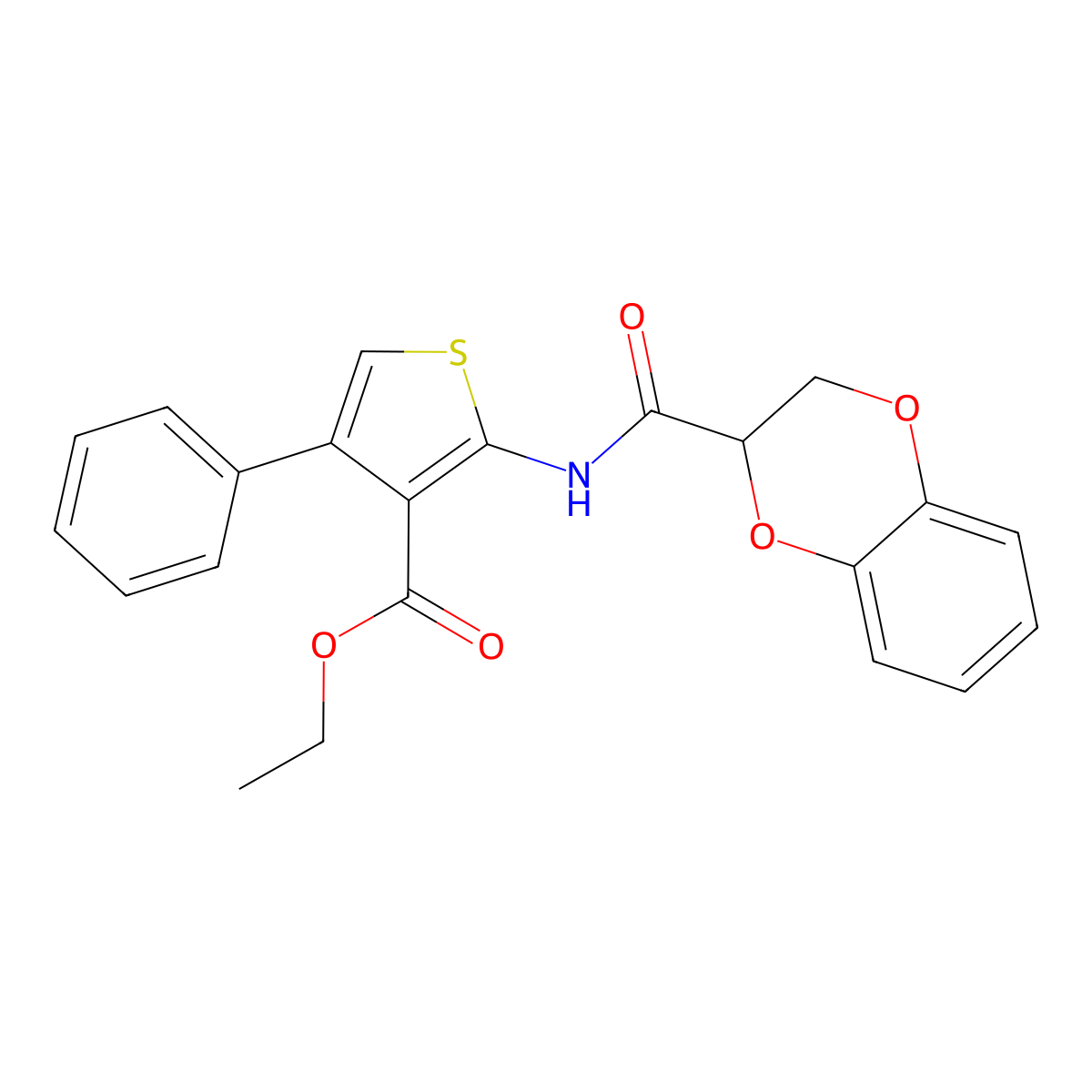 Ethyl 2-(2,3-dihydrobenzo[b][1,4]dioxine-2-carboxamido)-4-phenylthiophene-3-carboxylate molecular structure, CAS 380874-40-8