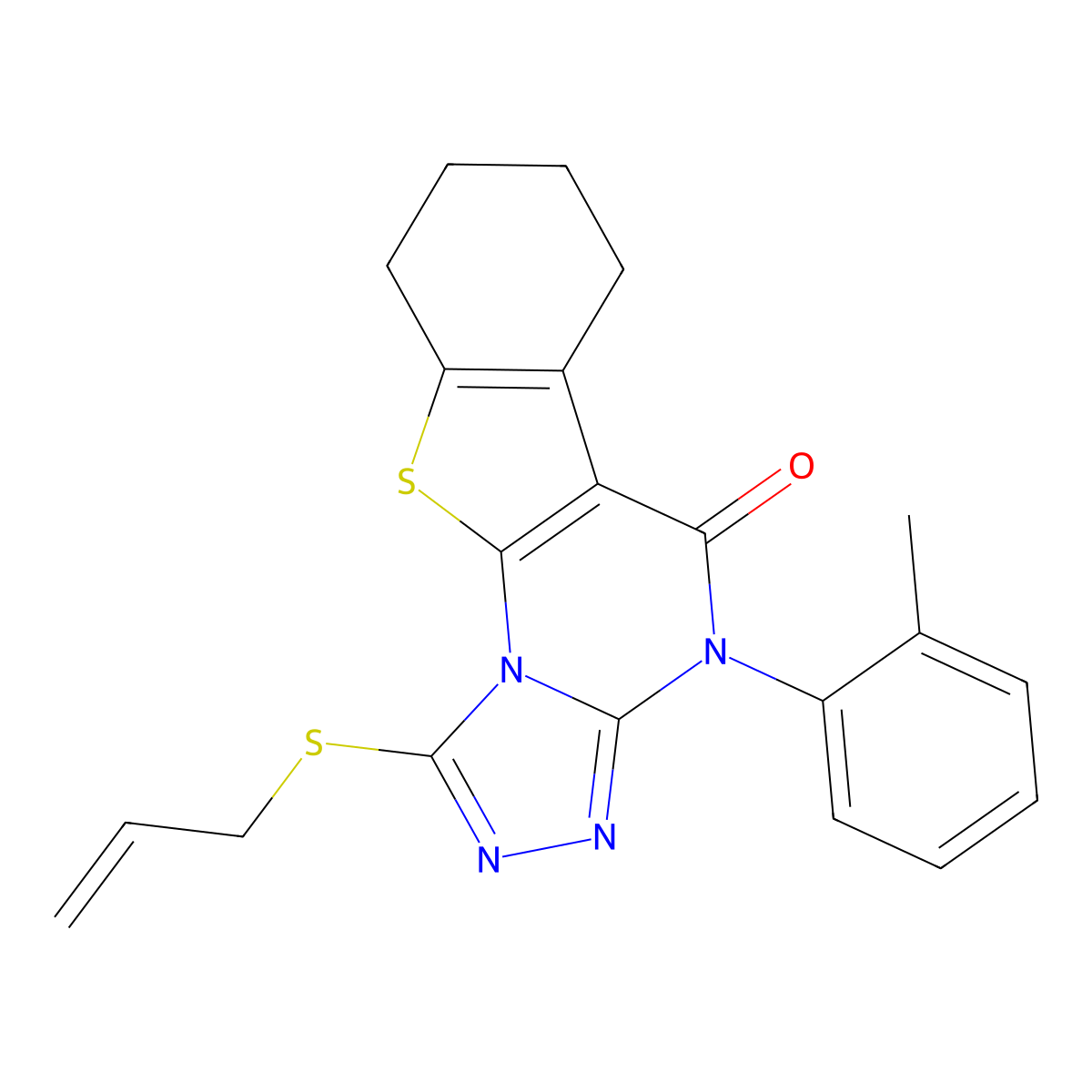 1-(allylthio)-4-(o-tolyl)-6,7,8,9-tetrahydrobenzo[4,5]thieno[3,2-e][1,2,4]triazolo[4,3-a]pyrimidin-5(4H)-one molecular structure, CAS 380875-52-5