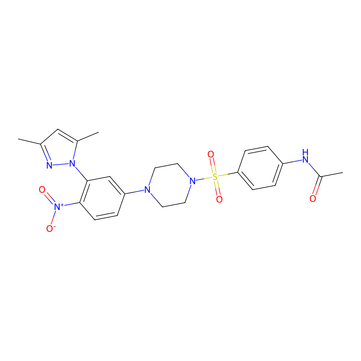 N-[4-[4-[3-(3,5-dimethylpyrazol-1-yl)-4-nitrophenyl]piperazin-1-yl]sulfonylphenyl]acetamide molecular structure, CAS 380876-29-9