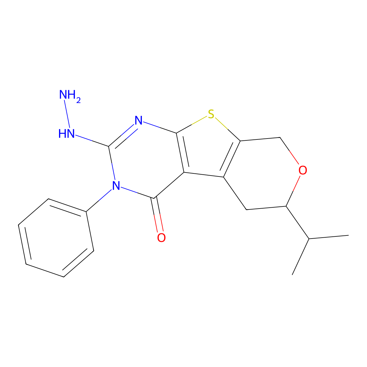 2-hydrazinyl-6-isopropyl-3-phenyl-5,6-dihydro-3H-pyrano[4',3':4,5]thieno[2,3-d]pyrimidin-4(8H)-one molecular structure, CAS 380876-81-3
