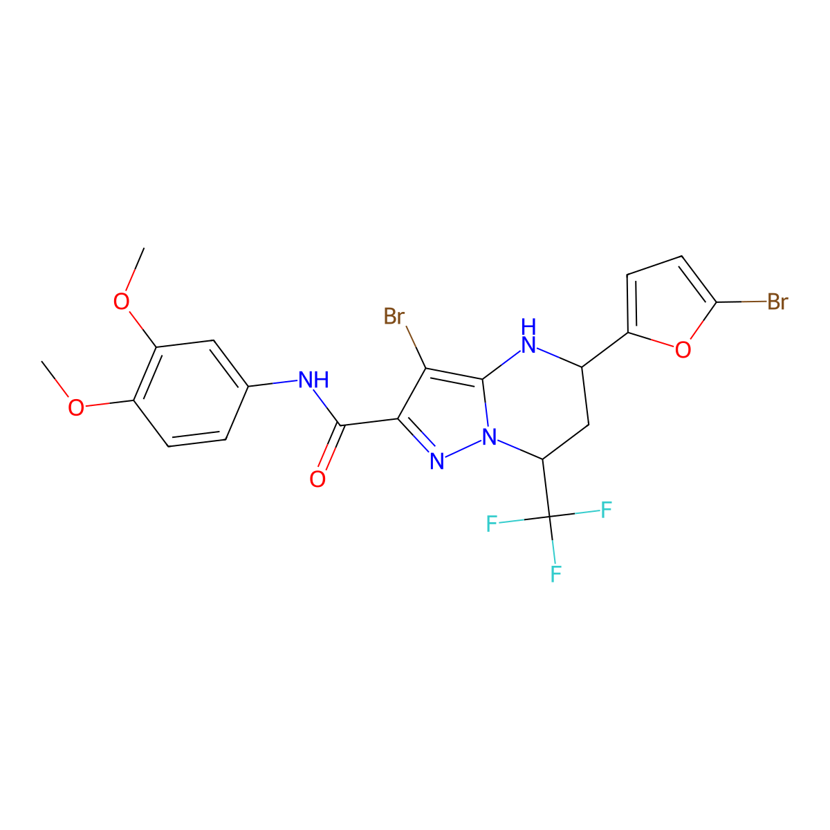 3-bromo-5-(5-bromo-2-furyl)-N-(3,4-dimethoxyphenyl)-7-(trifluoromethyl)-4,5,6,7-tetrahydropyrazolo[1,5-a]pyrimidine-2-carboxamide molecular structure, CAS 380879-58-3