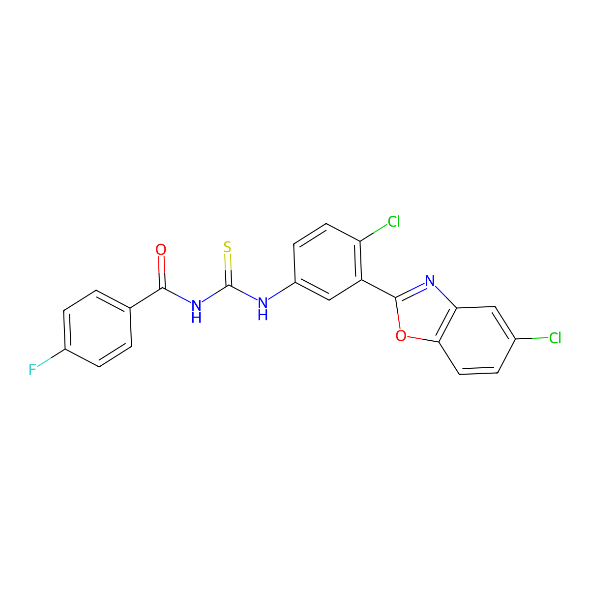 N-[[4-chloro-3-(5-chloro-1,3-benzoxazol-2-yl)phenyl]carbamothioyl]-4-fluorobenzamide molecular structure, CAS 380879-71-0