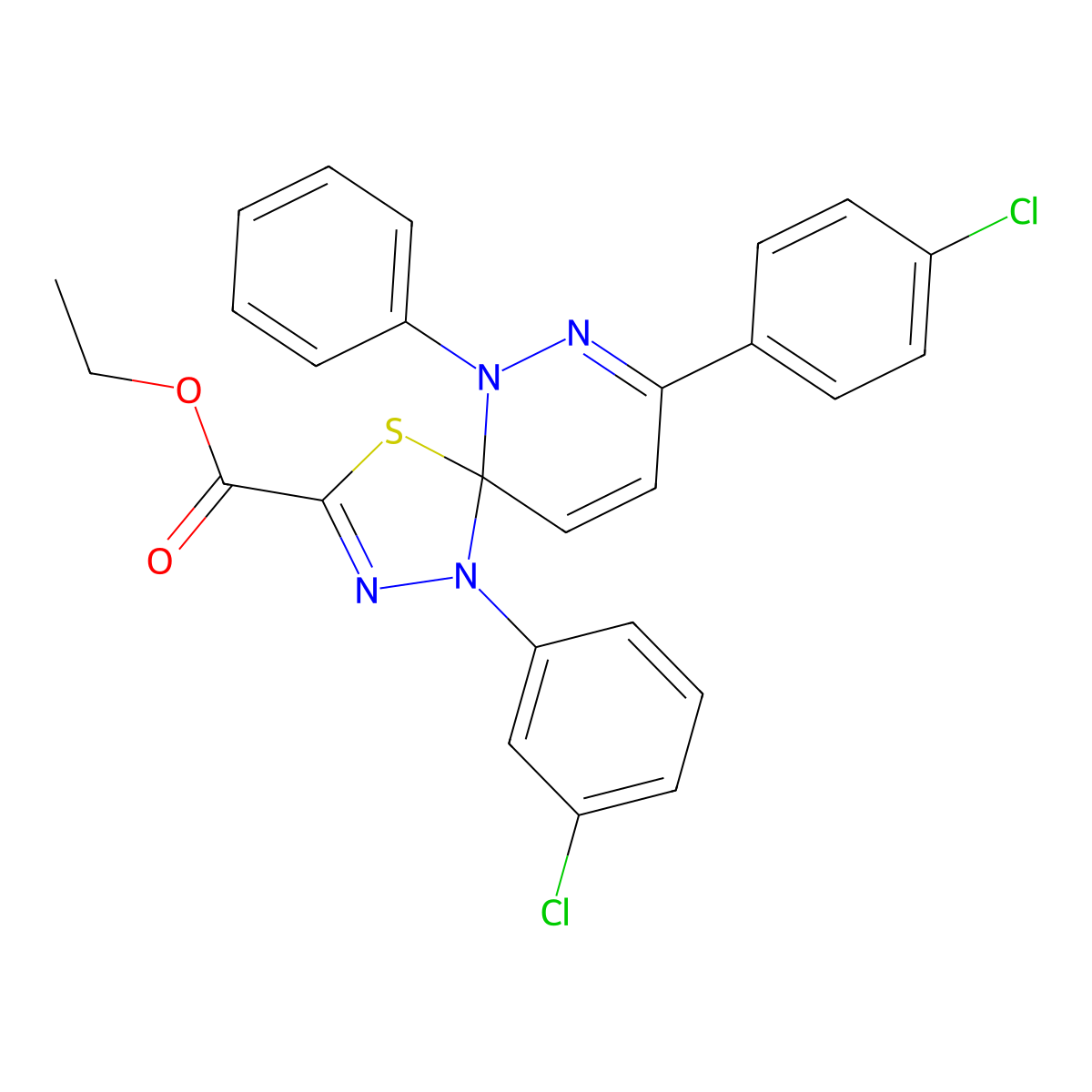 Ethyl 1-(3-chlorophenyl)-8-(4-chlorophenyl)-6-phenyl-4-thia-1,2,6,7-tetraazaspiro[4.5]deca-2,7,9-triene-3-carboxylate molecular structure, CAS 380880-05-7