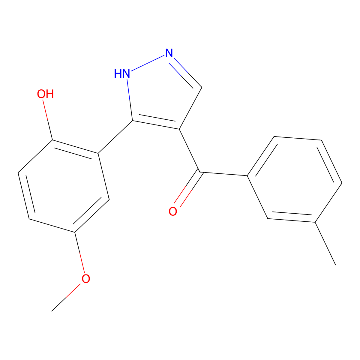 (3-(2-hydroxy-5-methoxyphenyl)-1H-pyrazol-4-yl)(m-tolyl)methanone molecular structure, CAS 380880-66-0