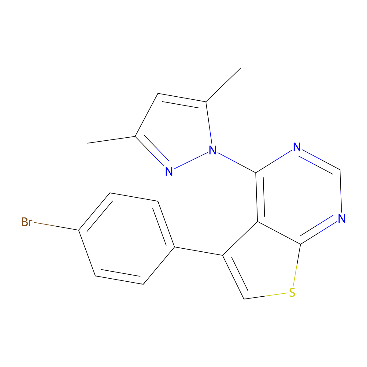 5-(4-bromophenyl)-4-(3,5-dimethyl-1H-pyrazol-1-yl)thieno[2,3-d]pyrimidine molecular structure, CAS 380883-94-3