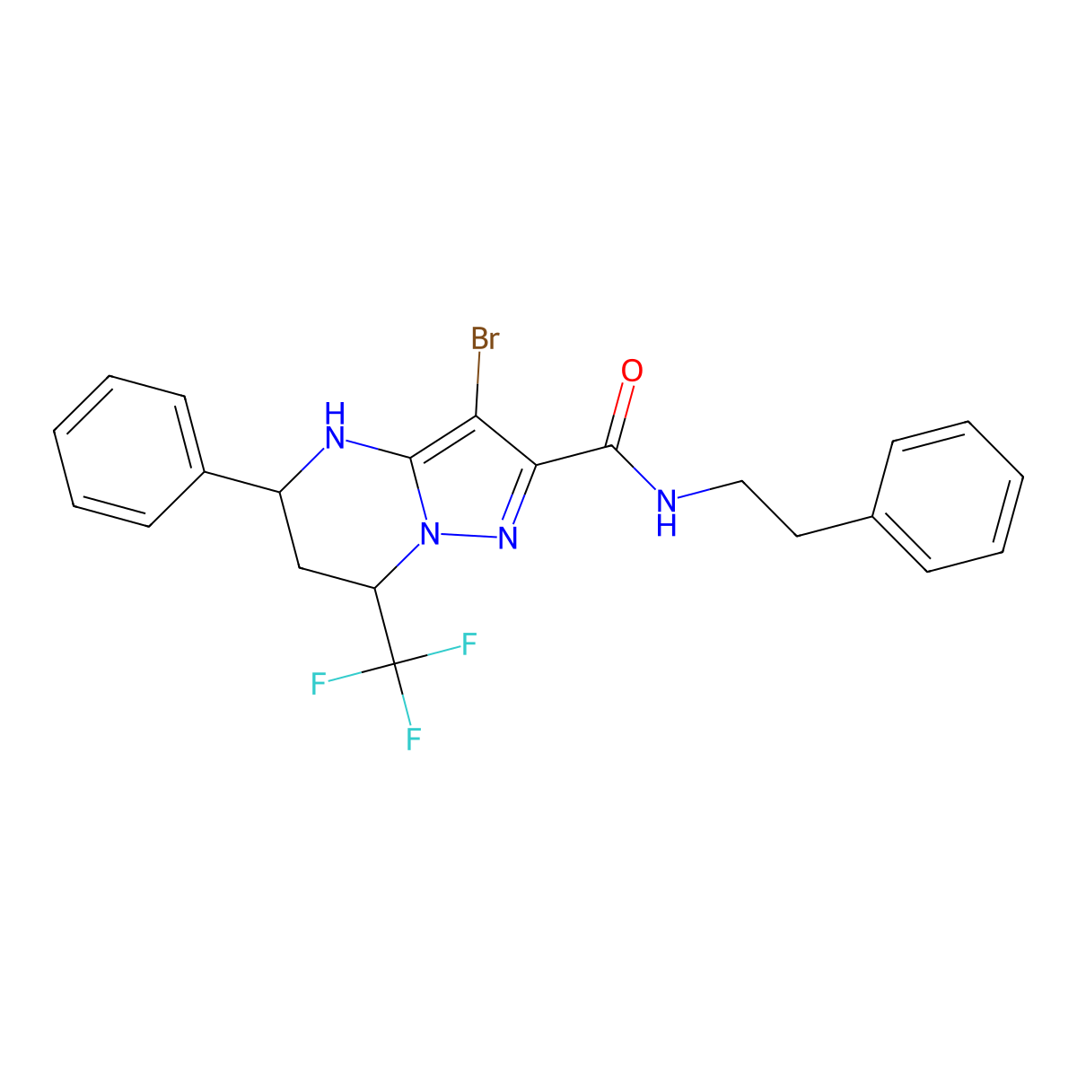 3-bromo-N-phenethyl-5-phenyl-7-(trifluoromethyl)-4,5,6,7-tetrahydropyrazolo[1,5-a]pyrimidine-2-carboxamide molecular structure, CAS 380889-39-4