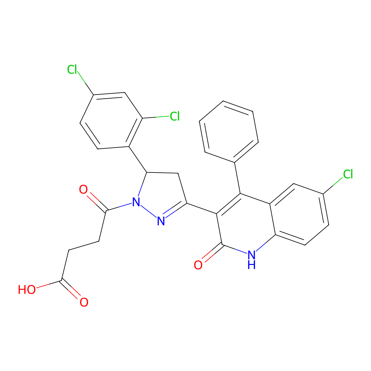 4-(3-(6-chloro-2-hydroxy-4-phenylquinolin-3-yl)-5-(2,4-dichlorophenyl)-4,5-dihydro-1H-pyrazol-1-yl)-4-oxobutanoic acid molecular structure, CAS 380889-99-6