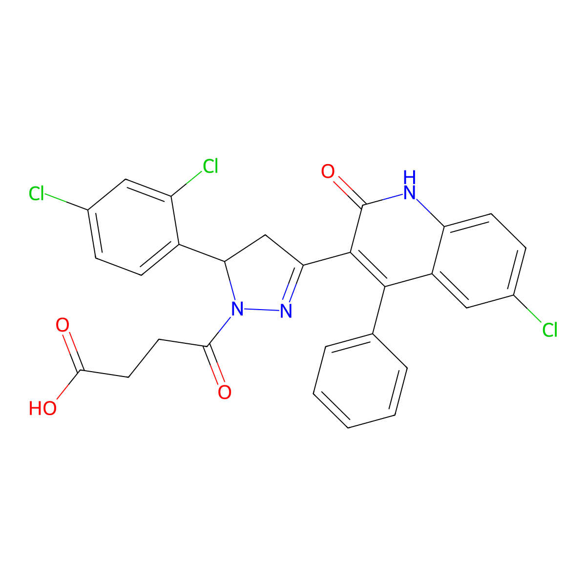 4-(3-(6-chloro-2-hydroxy-4-phenylquinolin-3-yl)-5-(2,4-dichlorophenyl)-4,5-dihydro-1H-pyrazol-1-yl)-4-oxobutanoic acid molecular structure, CAS 380889-99-6