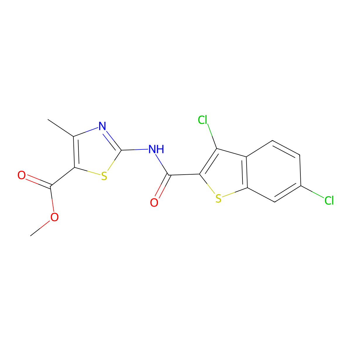 Methyl 2-{[(3,6-dichloro-1-benzothien-2-yl)carbonyl]amino}-4-methyl-1,3-thiazole-5-carboxylate molecular structure, CAS 380890-38-0
