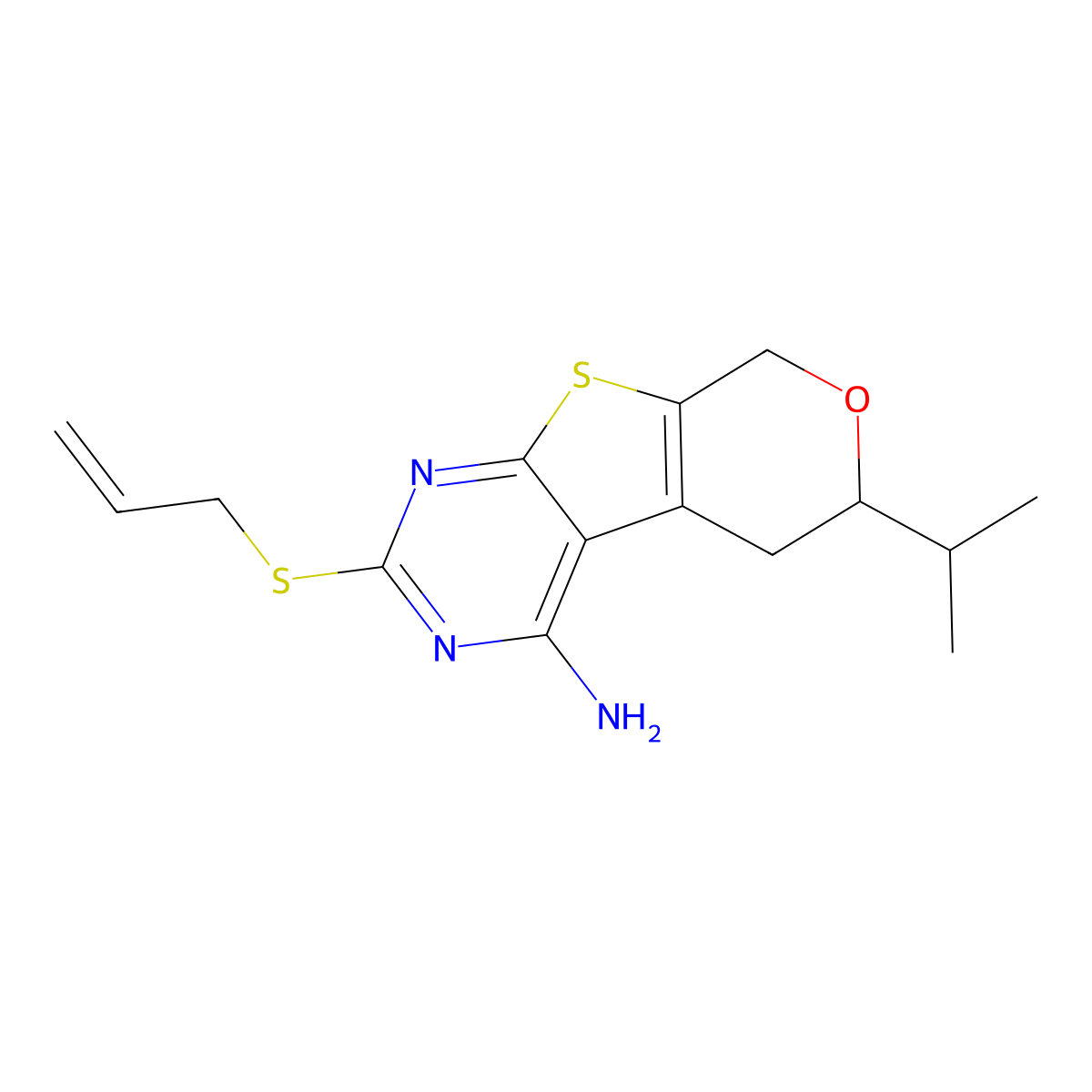 6-(propan-2-yl)-2-(prop-2-en-1-ylsulfanyl)-5,8-dihydro-6H-pyrano[4',3':4,5]thieno[2,3-d]pyrimidin-4-amine molecular structure, CAS 380890-94-8
