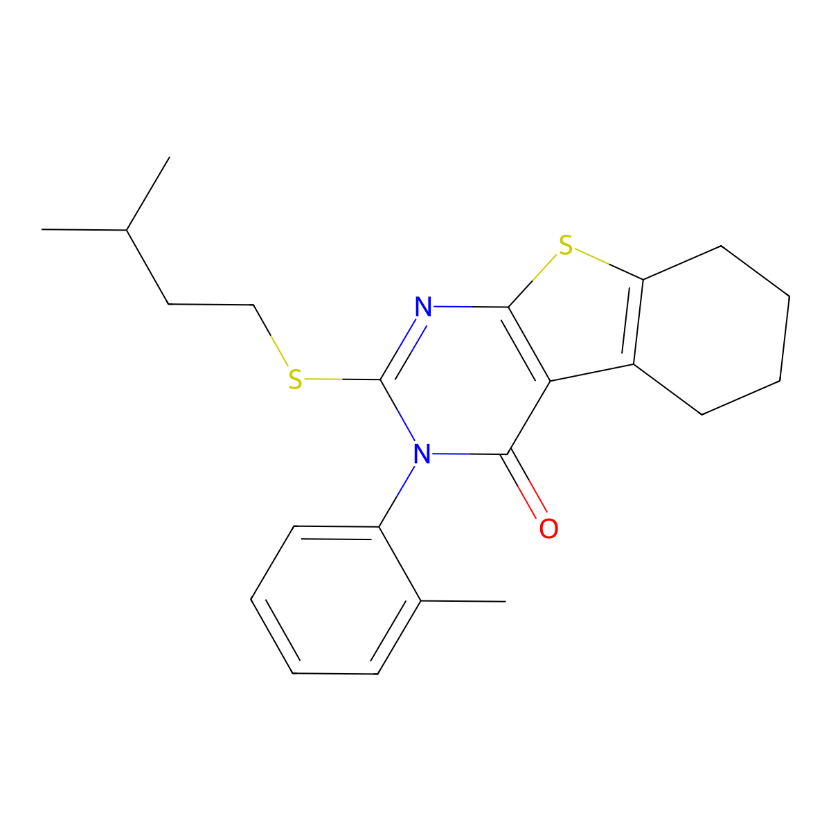 2-[(3-methylbutyl)sulfanyl]-3-(2-methylphenyl)-5,6,7,8-tetrahydro[1]benzothieno[2,3-d]pyrimidin-4(3H)-one molecular structure, CAS 380902-68-1