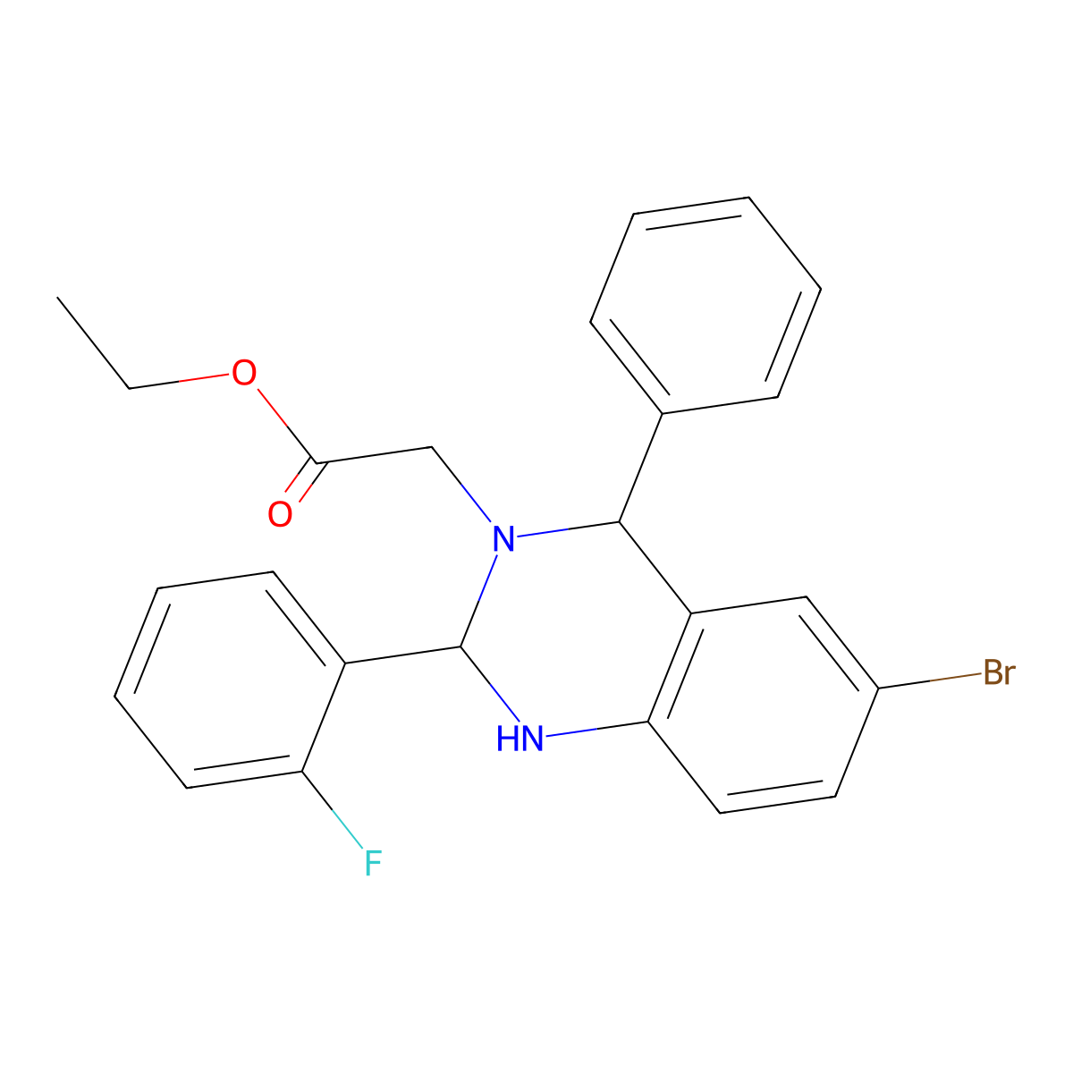 Ethyl 2-[6-bromo-2-(2-fluorophenyl)-4-phenyl-2,4-dihydro-1H-quinazolin-3-yl]acetate molecular structure, CAS 380903-59-3