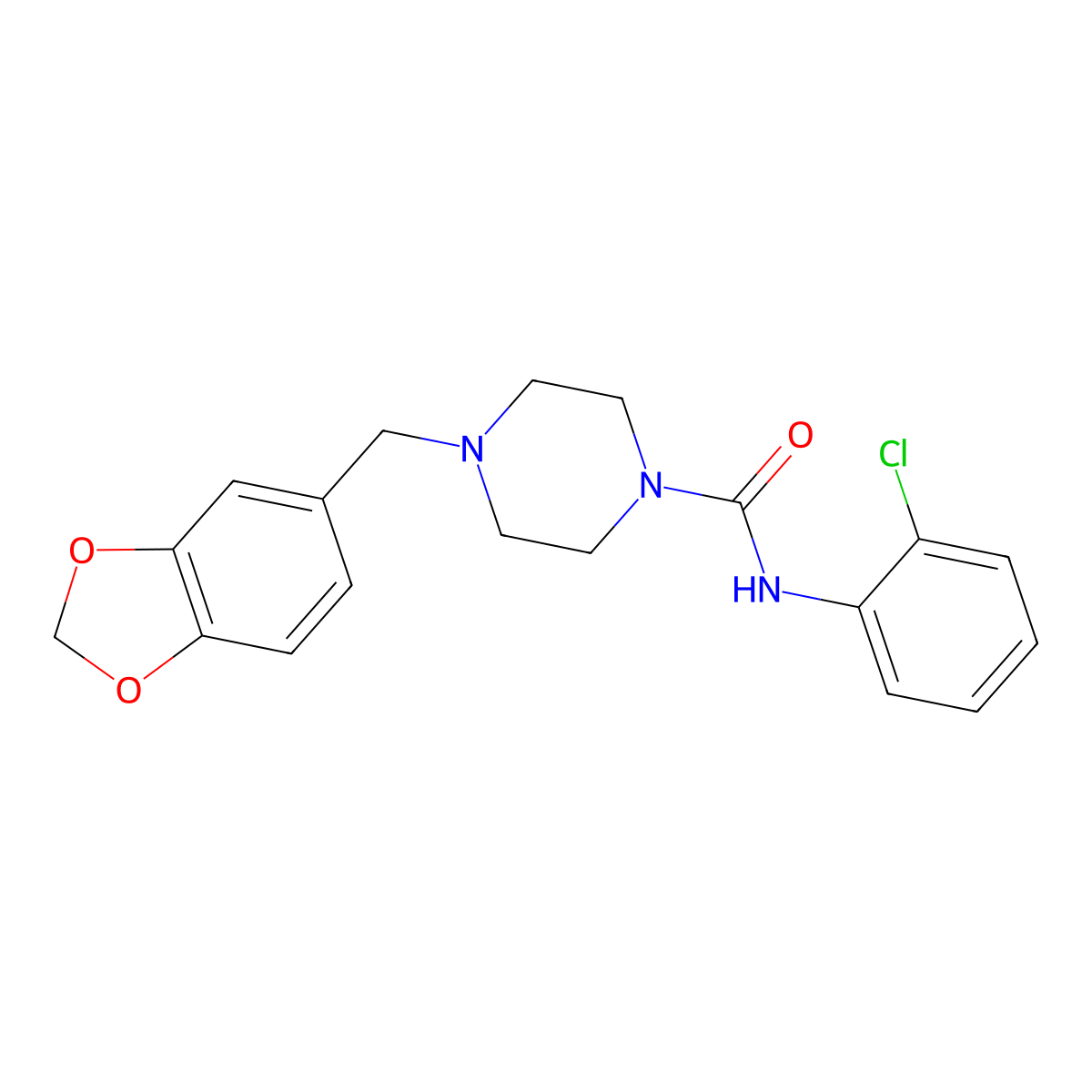 4-(1,3-benzodioxol-5-ylmethyl)-N-(2-chlorophenyl)piperazine-1-carboxamide molecular structure, CAS 380904-25-6