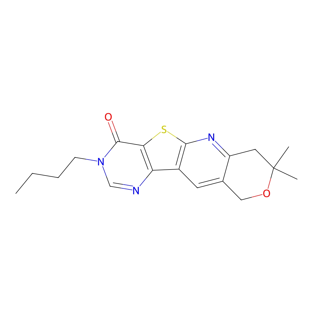 3-butyl-8,8-dimethyl-7,10-dihydro-8H-pyrano[3'',4'':5',6']pyrido[3',2':4,5]thieno[3,2-d]pyrimidin-4(3H)-one molecular structure, CAS 380904-43-8