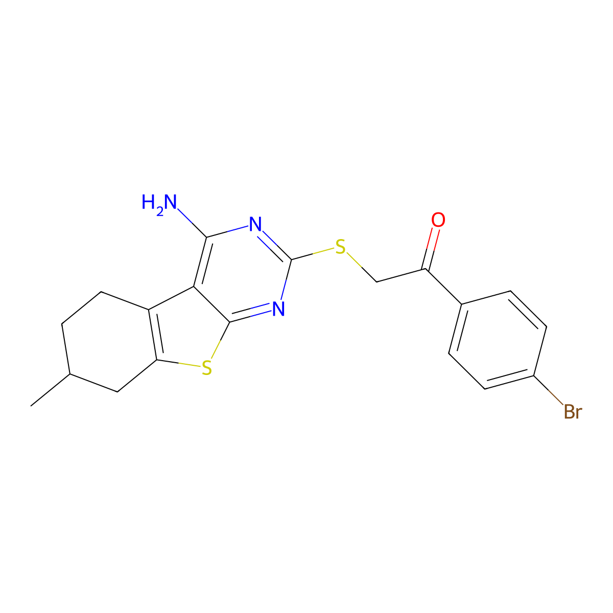 2-[(4-Amino-7-methyl-5,6,7,8-tetrahydro-[1]benzothiolo[2,3-d]pyrimidin-2-yl)sulfanyl]-1-(4-bromophenyl)ethanone molecular structure, CAS 380906-68-3
