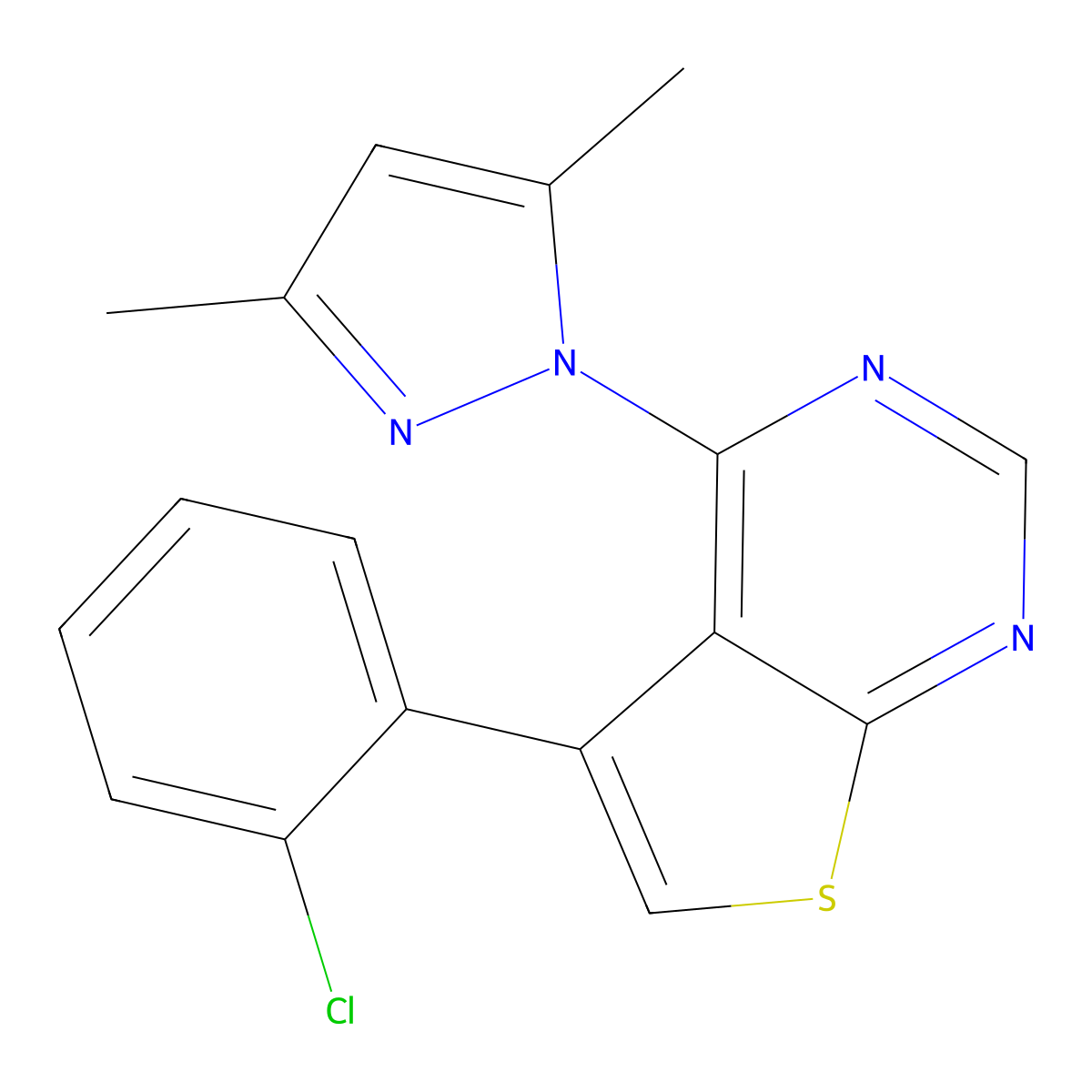 5-(2-chlorophenyl)-4-(3,5-dimethyl-1H-pyrazol-1-yl)thieno[2,3-d]pyrimidine molecular structure, CAS 380907-02-8