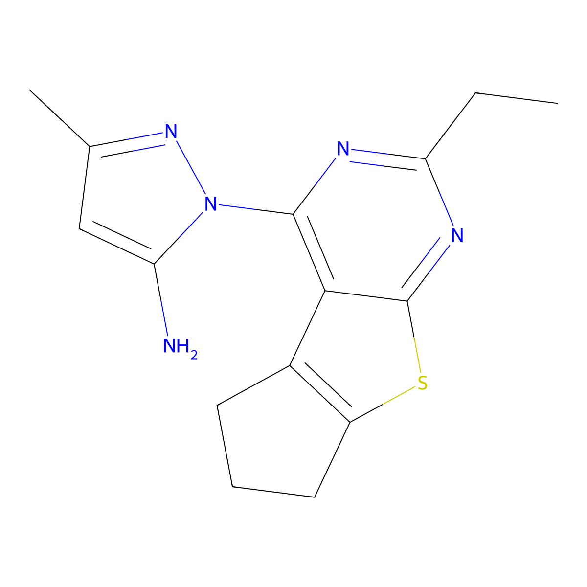 1-{10-ethyl-7-thia-9,11-diazatricyclo[6.4.0.0^{2,6}]dodeca-1(8),2(6),9,11-tetraen-12-yl}-3-methyl-1H-pyrazol-5-amine molecular structure, CAS 380907-44-8