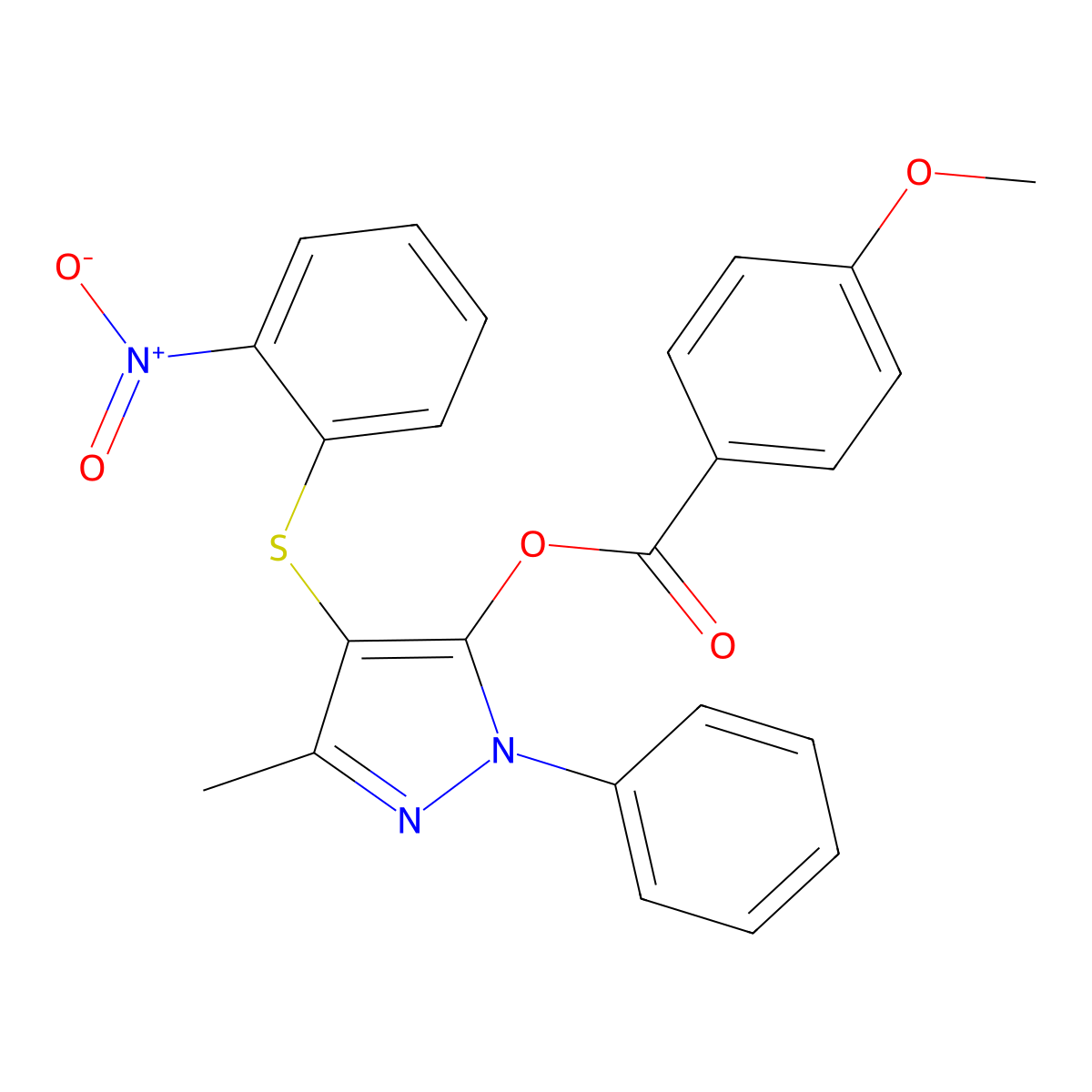 3-methyl-4-((2-nitrophenyl)thio)-1-phenyl-1H-pyrazol-5-yl 4-methoxybenzoate molecular structure, CAS 381165-77-1