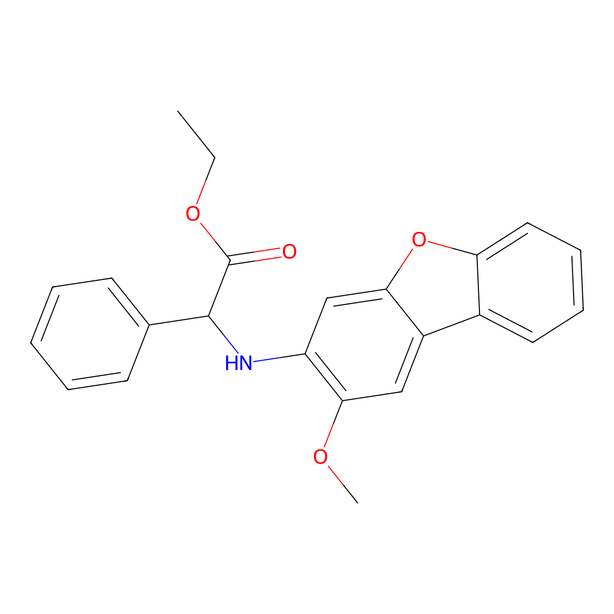 Ethyl 2-[(2-methoxydibenzofuran-3-yl)amino]-2-phenylacetate molecular structure, CAS 381165-79-3
