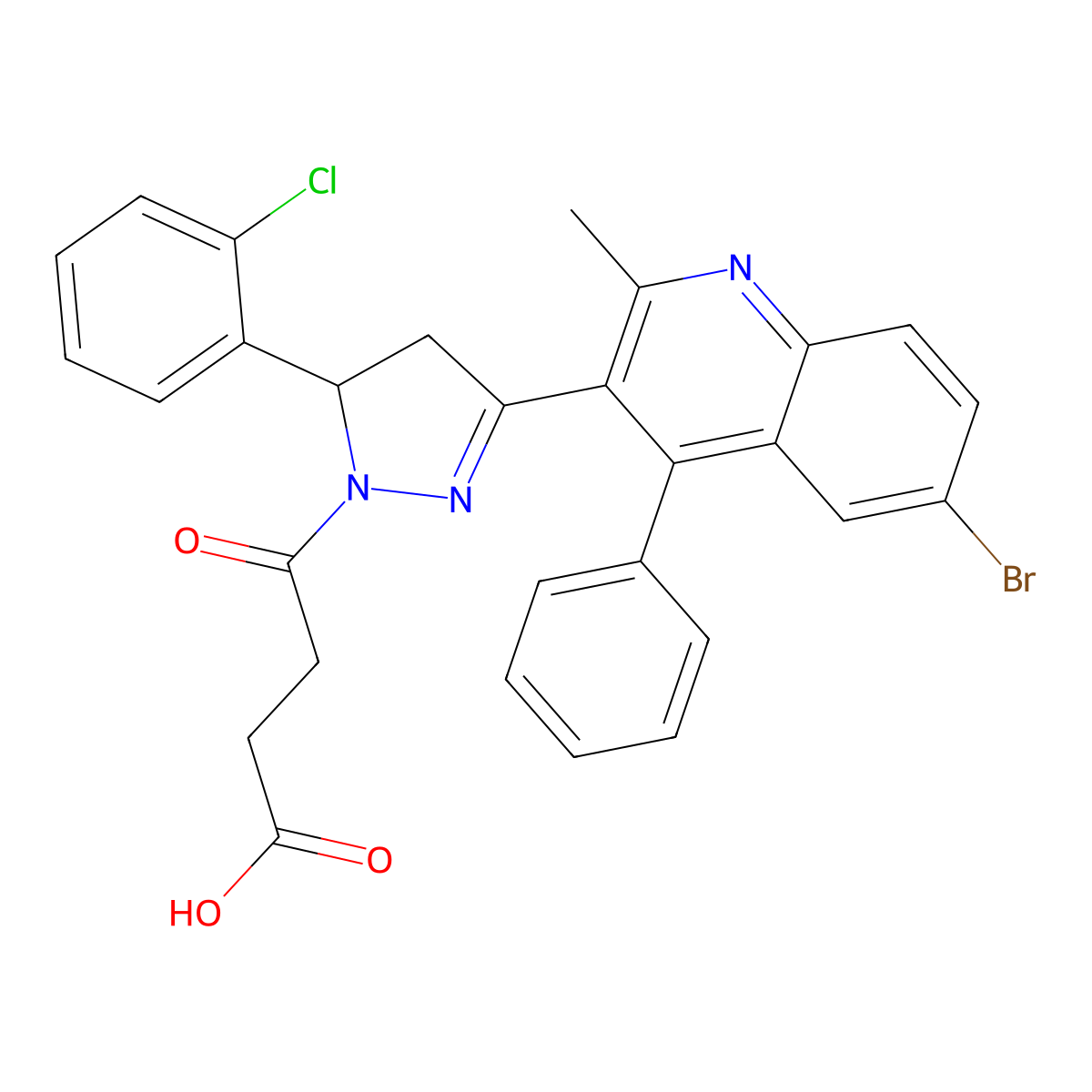4-(3-(6-bromo-2-methyl-4-phenylquinolin-3-yl)-5-(2-chlorophenyl)-4,5-dihydro-1H-pyrazol-1-yl)-4-oxobutanoic acid molecular structure, CAS 381170-09-8