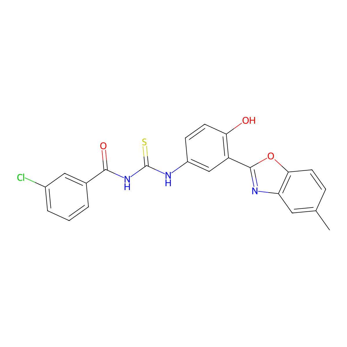 3-chloro-N-((4-hydroxy-3-(5-methylbenzo[d]oxazol-2-yl)phenyl)carbamothioyl)benzamide molecular structure, CAS 381170-71-4