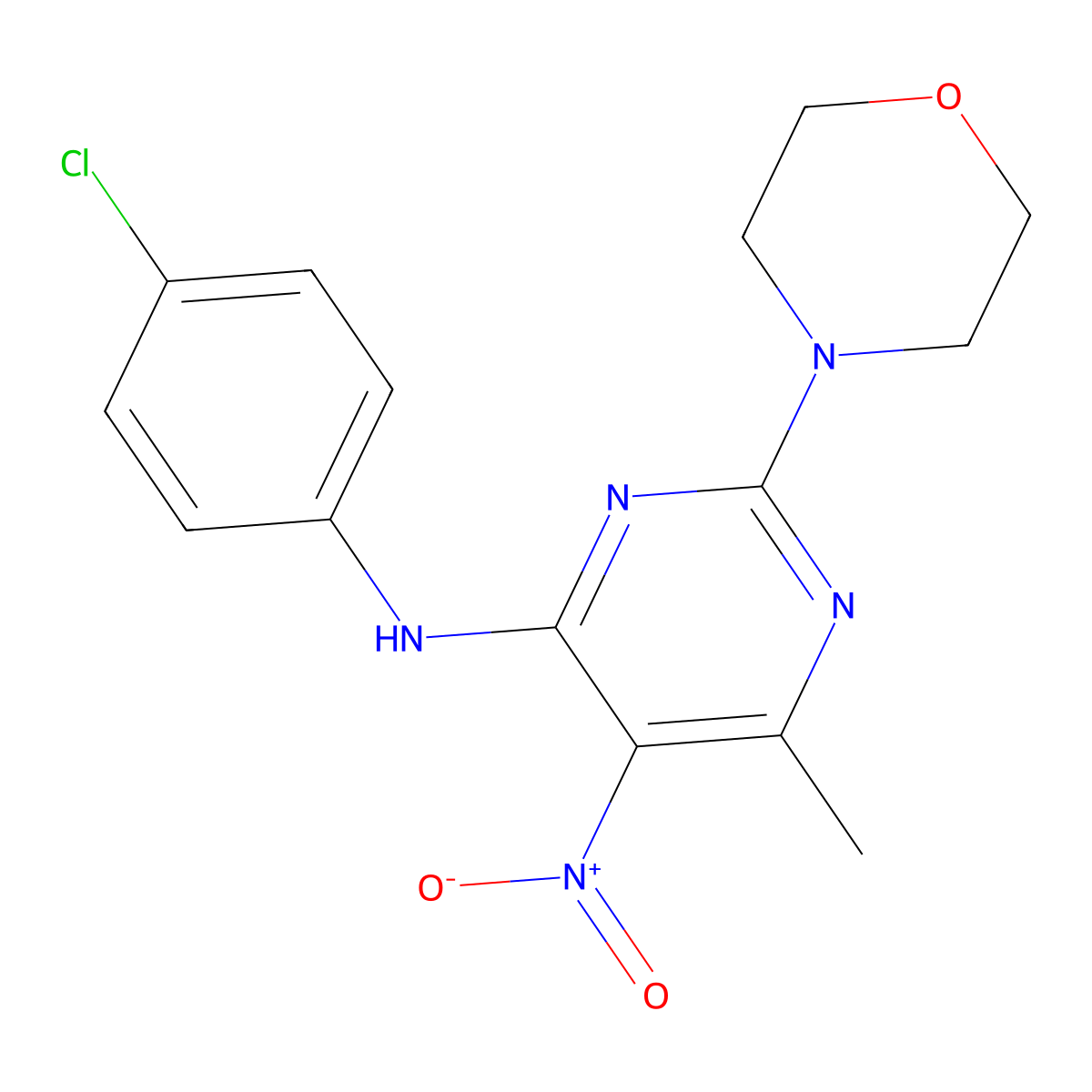 N-(4-chlorophenyl)-6-methyl-2-morpholin-4-yl-5-nitropyrimidin-4-amine molecular structure, CAS 381171-56-8