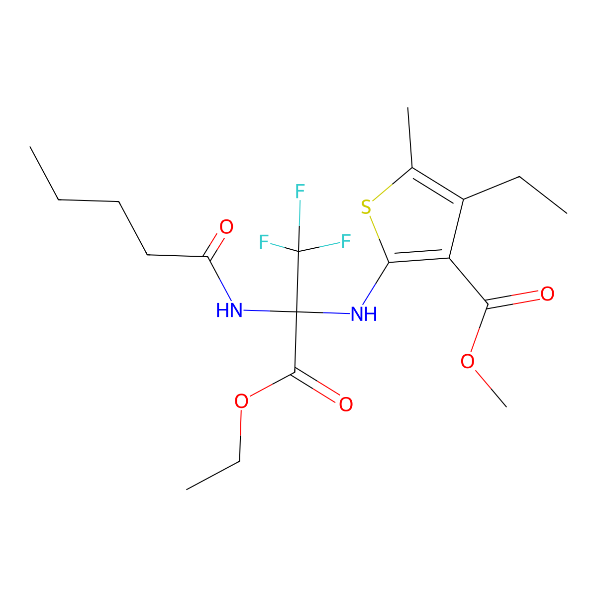 Methyl 2-[[3-ethoxy-1,1,1-trifluoro-3-oxo-2-(pentanoylamino)propan-2-yl]amino]-4-ethyl-5-methylthiophene-3-carboxylate molecular structure, CAS 381171-73-9