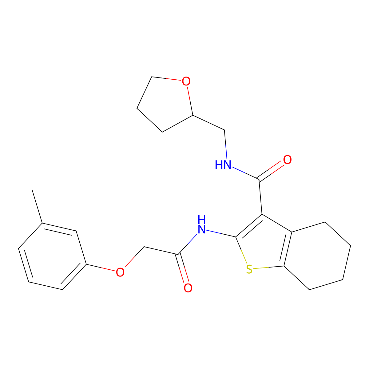 N-((tetrahydrofuran-2-yl)methyl)-2-(2-(m-tolyloxy)acetamido)-4,5,6,7-tetrahydrobenzo[b]thiophene-3-carboxamide molecular structure, CAS 381173-08-6