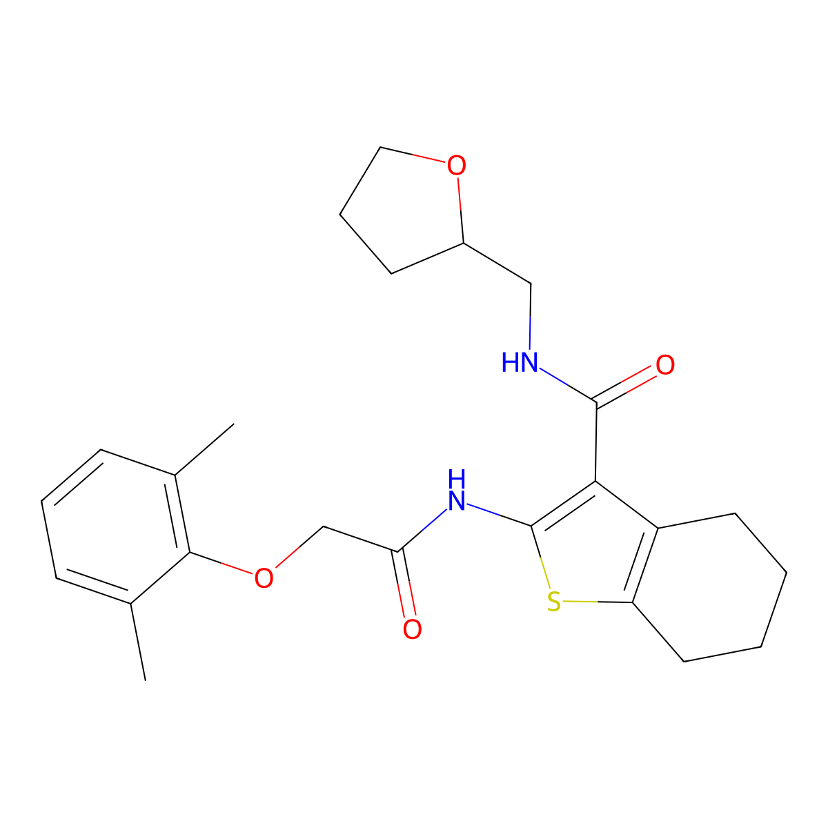 2-(2-(2,6-dimethylphenoxy)acetamido)-N-((tetrahydrofuran-2-yl)methyl)-4,5,6,7-tetrahydrobenzo[b]thiophene-3-carboxamide molecular structure, CAS 381173-25-7