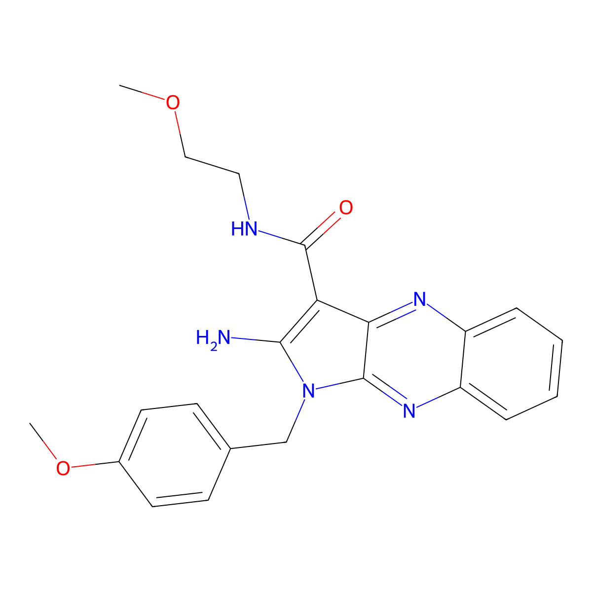 2-amino-1-(4-methoxybenzyl)-N-(2-methoxyethyl)-1H-pyrrolo[2,3-b]quinoxaline-3-carboxamide molecular structure, CAS 381173-62-2