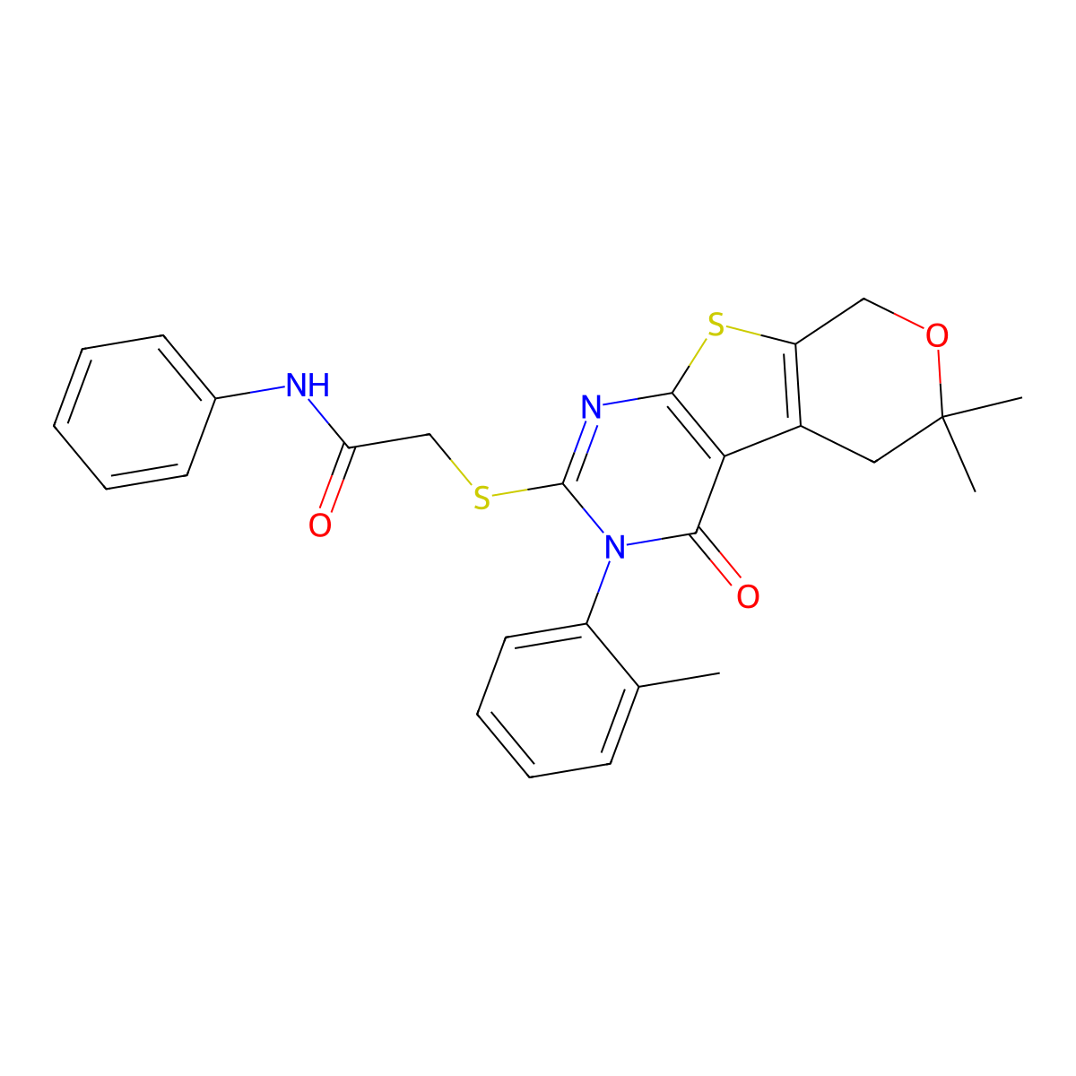 2-{[6,6-dimethyl-3-(2-methylphenyl)-4-oxo-3,5,6,8-tetrahydro-4H-pyrano[4',3':4,5]thieno[2,3-d]pyrimidin-2-yl]sulfanyl}-N-phenylacetamide molecular structure, CAS 381173-67-7