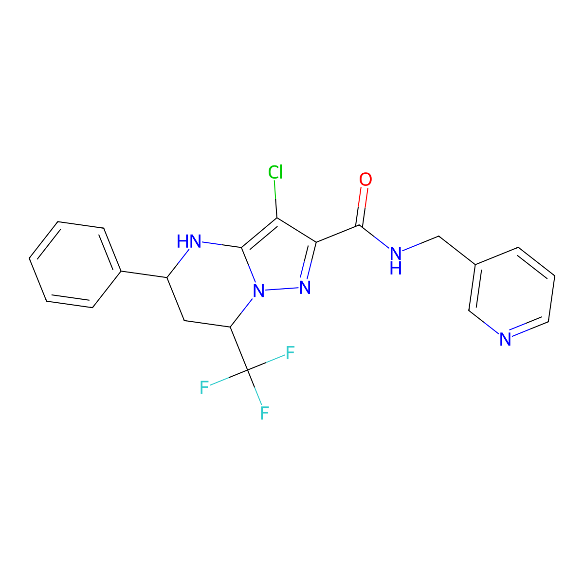 3-chloro-5-phenyl-N-(pyridin-3-ylmethyl)-7-(trifluoromethyl)-4,5,6,7-tetrahydropyrazolo[1,5-a]pyrimidine-2-carboxamide molecular structure, CAS 381174-70-5