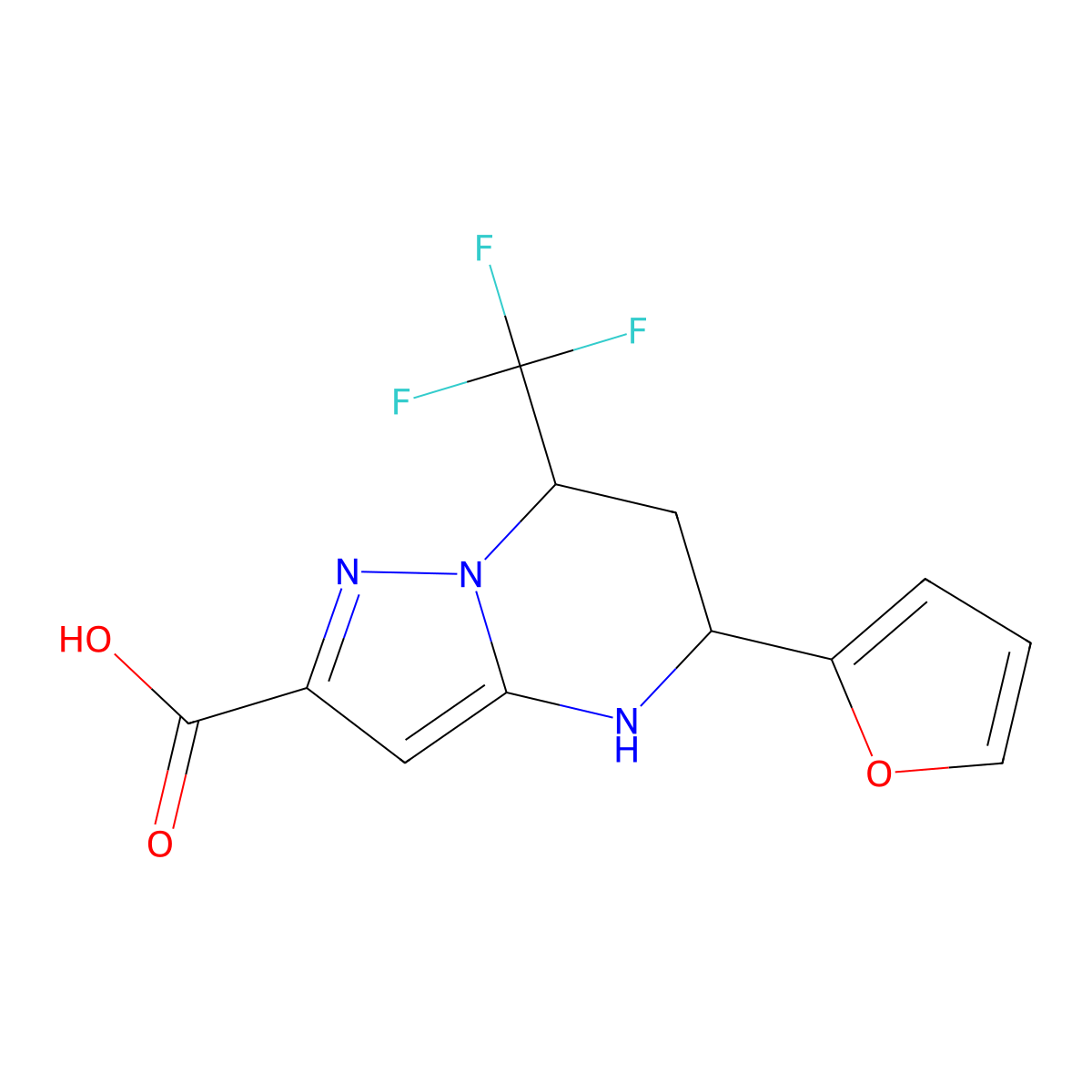 5-(Furan-2-yl)-7-(trifluoromethyl)-4,5,6,7-tetrahydropyrazolo[1,5-a]pyrimidine-2-carboxylic acid molecular structure, CAS 381175-08-2