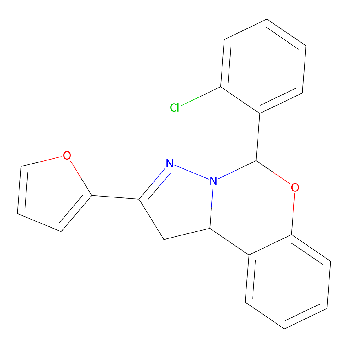 5-(2-chlorophenyl)-2-(furan-2-yl)-5,10b-dihydro-1H-pyrazolo[1,5-c][1,3]benzoxazine molecular structure, CAS 381177-74-8