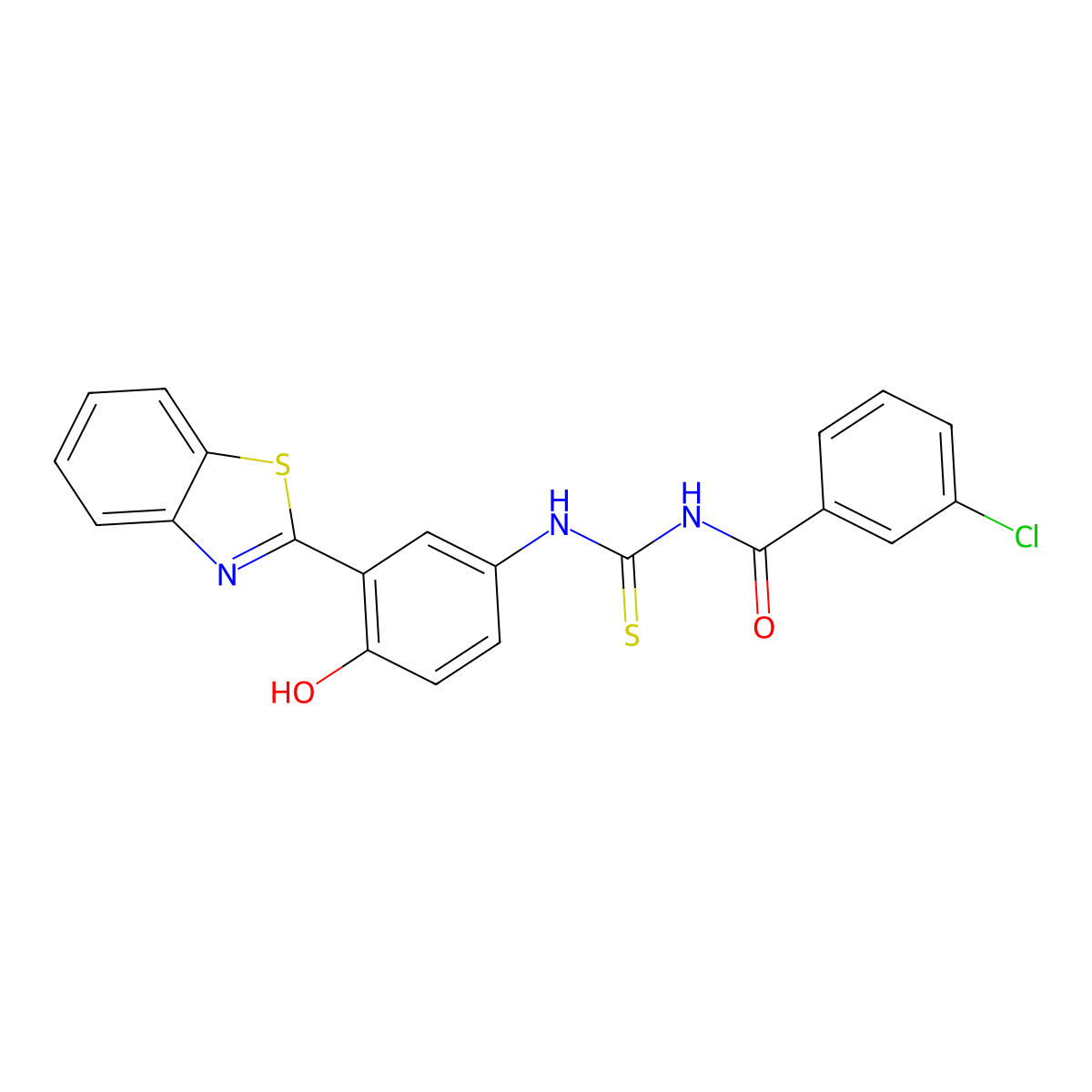 N-((3-(benzo[d]thiazol-2-yl)-4-hydroxyphenyl)carbamothioyl)-3-chlorobenzamide molecular structure, CAS 381179-70-0