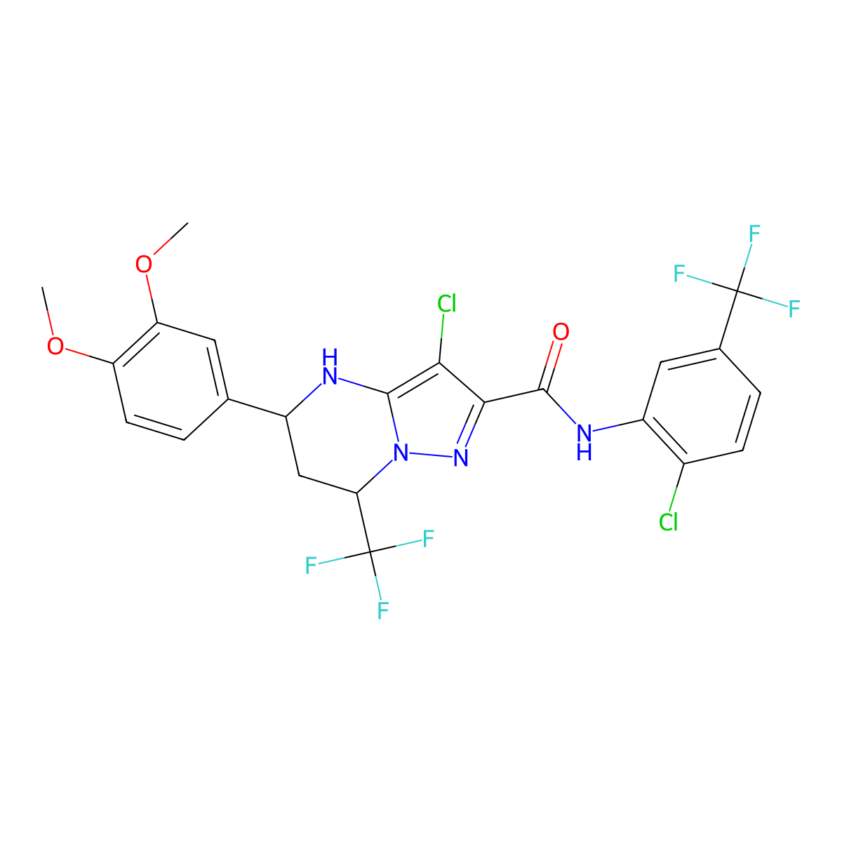 3-chloro-N-[2-chloro-5-(trifluoromethyl)phenyl]-5-(3,4-dimethoxyphenyl)-7-(trifluoromethyl)-4,5,6,7-tetrahydropyrazolo[1,5-a]pyrimidine-2-carboxamide molecular structure, CAS 381181-78-8