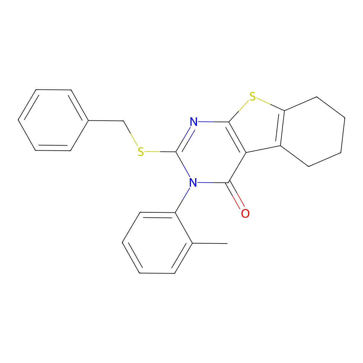 2-Benzylsulfanyl-3-(2-methylphenyl)-5,6,7,8-tetrahydro-[1]benzothiolo[2,3-d]pyrimidin-4-one molecular structure, CAS 381182-75-8