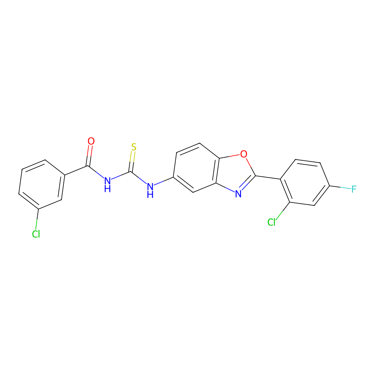 3-chloro-N-[[2-(2-chloro-4-fluorophenyl)-1,3-benzoxazol-5-yl]carbamothioyl]benzamide molecular structure, CAS 381183-45-5
