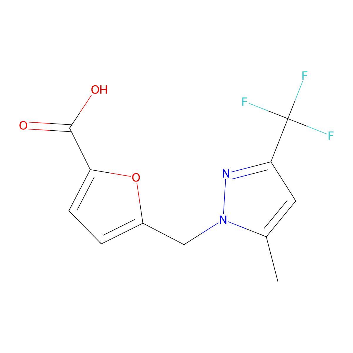 5-(5-Methyl-3-trifluoromethyl-pyrazol-1-ylmethyl)-furan-2-carboxylic acid molecular structure, CAS 381184-74-3