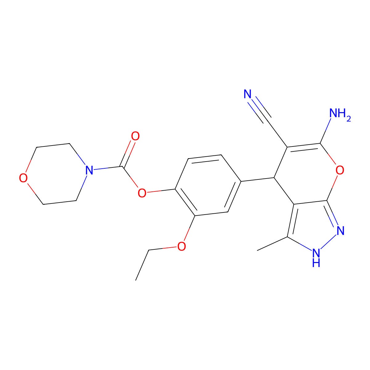 4-(6-Amino-5-cyano-3-methyl-1,4-dihydropyrano[2,3-c]pyrazol-4-yl)-2-ethoxyphenyl morpholine-4-carboxylate molecular structure, CAS 381185-26-8
