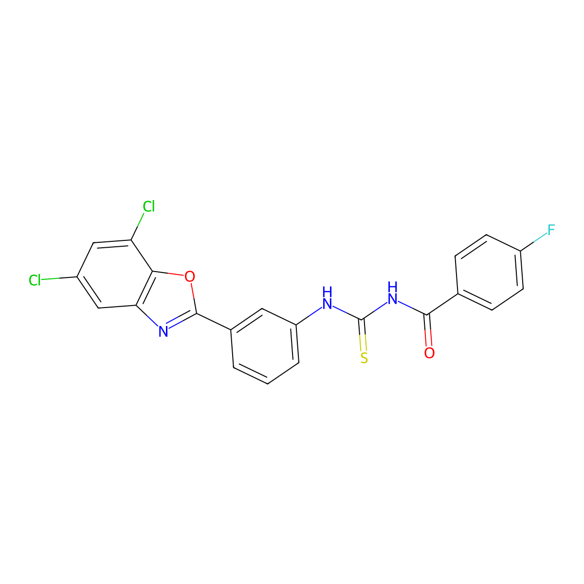 N-[[3-(5,7-dichloro-1,3-benzoxazol-2-yl)phenyl]carbamothioyl]-4-fluorobenzamide molecular structure, CAS 381185-27-9