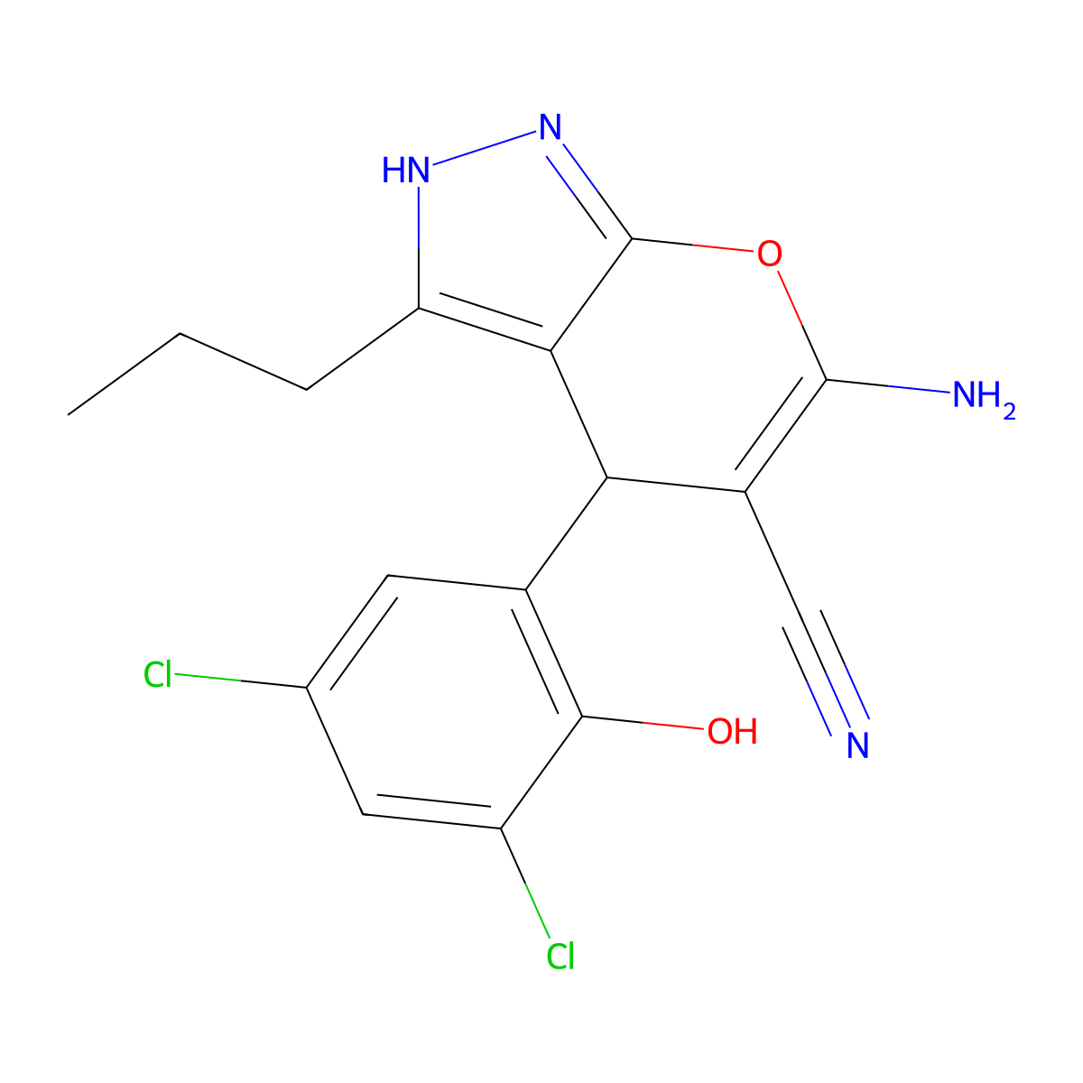 6-Amino-4-(3,5-dichloro-2-hydroxyphenyl)-3-propyl-2,4-dihydropyrano[2,3-c]pyrazole-5-carbonitrile molecular structure, CAS 381186-64-7