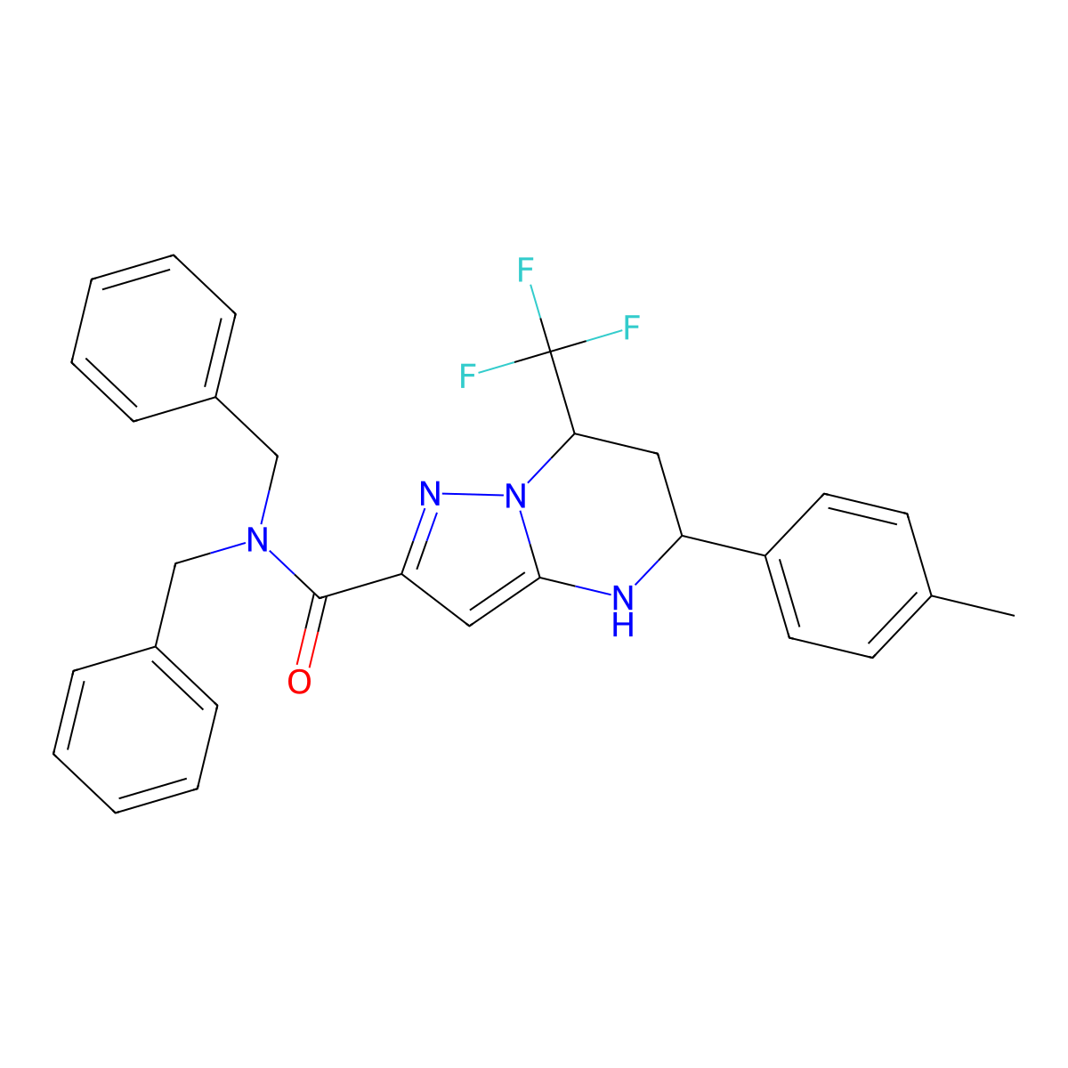N,N-dibenzyl-5-(4-methylphenyl)-7-(trifluoromethyl)-4,5,6,7-tetrahydropyrazolo[1,5-a]pyrimidine-2-carboxamide molecular structure, CAS 381187-13-9