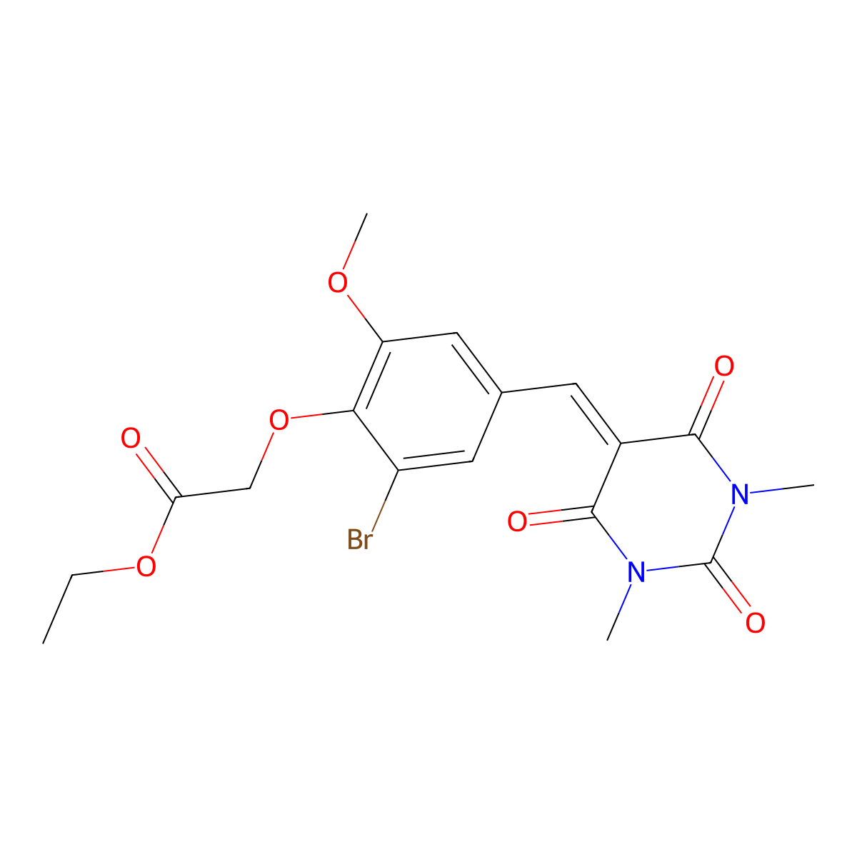 ethyl 2-(2-bromo-4-((1,3-dimethyl-2,4,6-trioxotetrahydropyrimidin-5(2H)-ylidene)methyl)-6-methoxyphenoxy)acetate molecular structure, CAS 381187-55-9