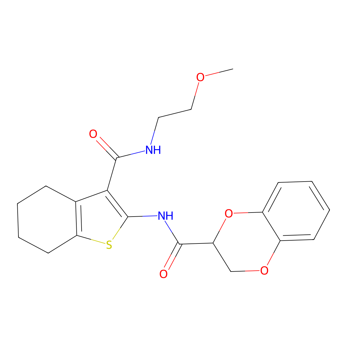 N-{3-[(2-methoxyethyl)carbamoyl]-4,5,6,7-tetrahydro-1-benzothiophen-2-yl}-2,3-dihydro-1,4-benzodioxine-2-carboxamide molecular structure, CAS 381188-62-1